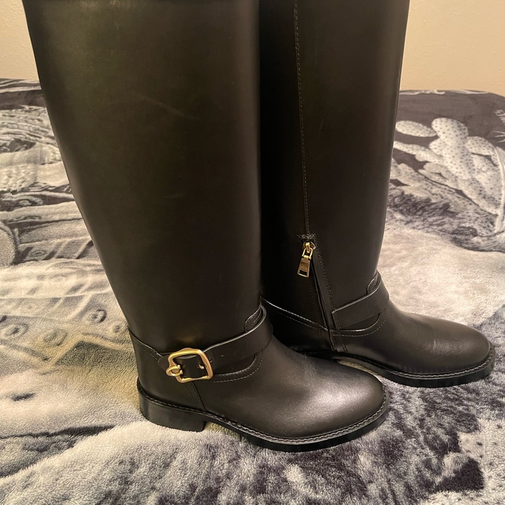 Coach Black Heeled Boots with Gold Buckle